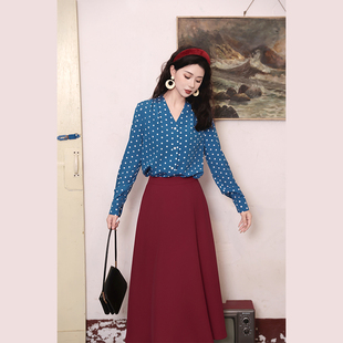 港风复古穿搭春秋季 套装 女装 裙装 两件套 波点衬衫 繁星如梦