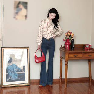 忆红豆~复古港风秋季长袖通勤V领系带短款休闲波点气质百搭女衬衫