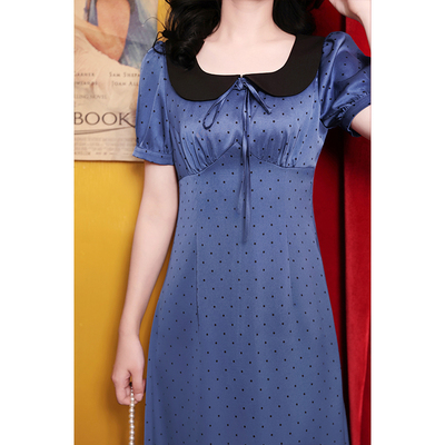 蓝调少女~法式复古夏季短袖收腰显瘦高腰气质减龄长款波点连衣裙