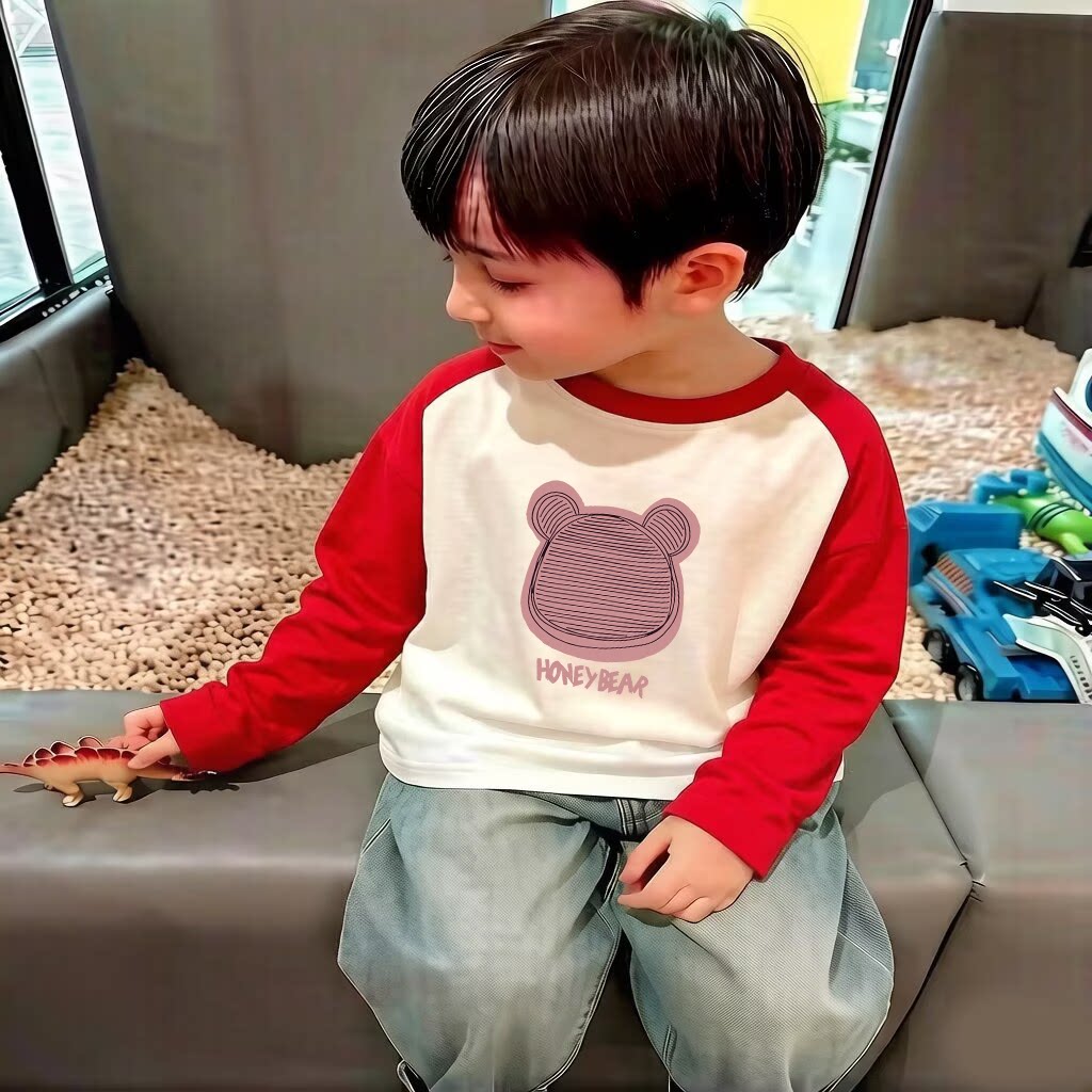 男童长袖T恤100%纯棉2026春秋新款儿童中小童美式印花插肩袖上衣