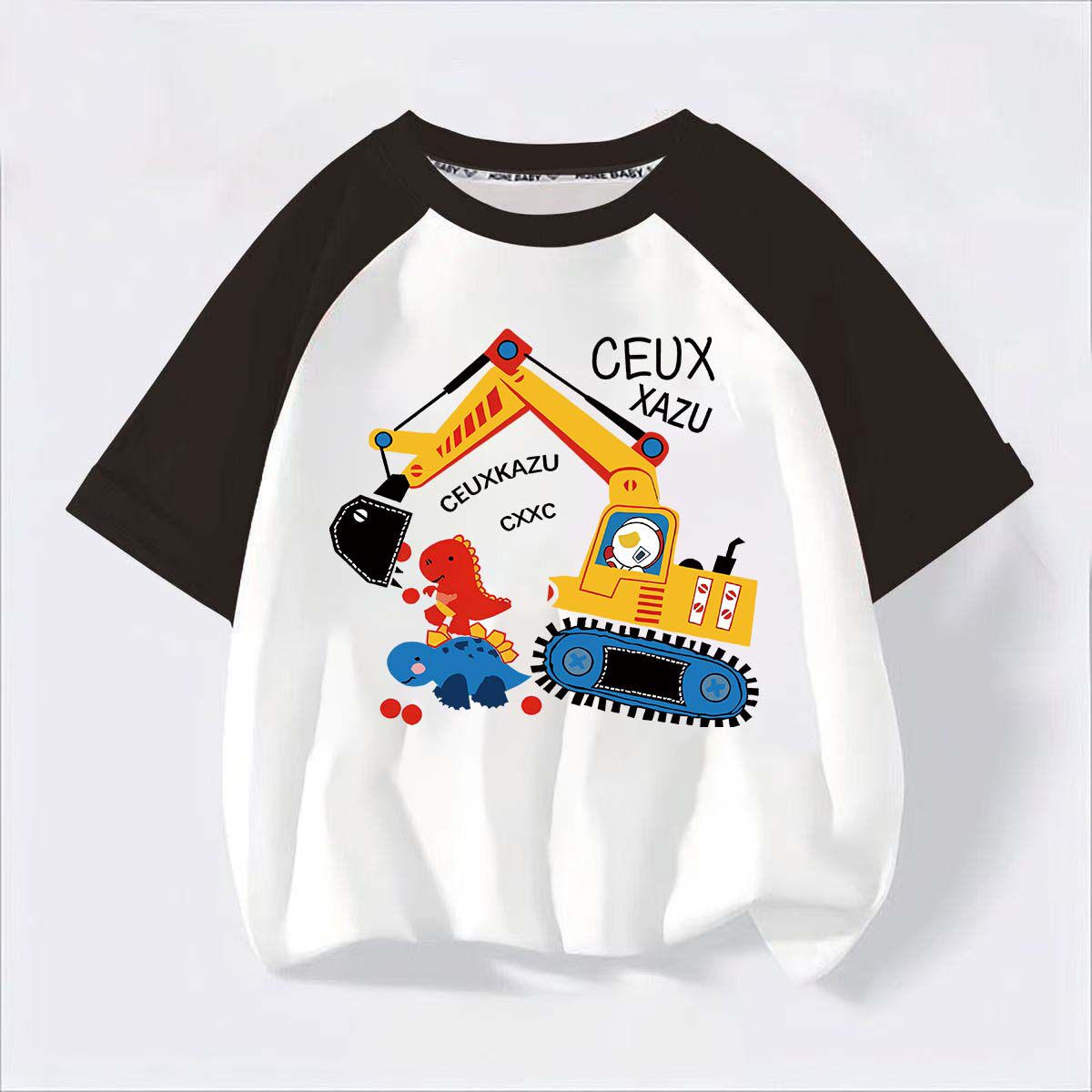 超萌挖掘机儿童夏季薄款100%纯棉短袖T恤男童插肩套头半袖上衣潮