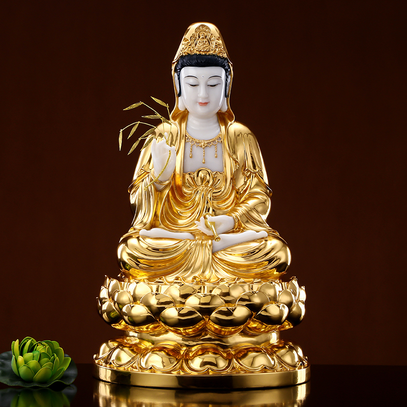 观音佛像供奉家用汉白玉贴金观音菩萨像南海观音坐像客厅供佛摆件