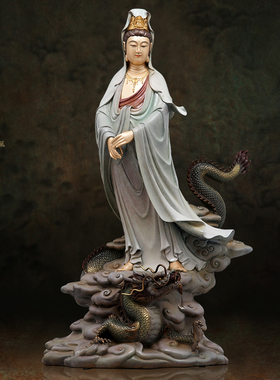 高温着色骑龙观音菩萨佛像摆件