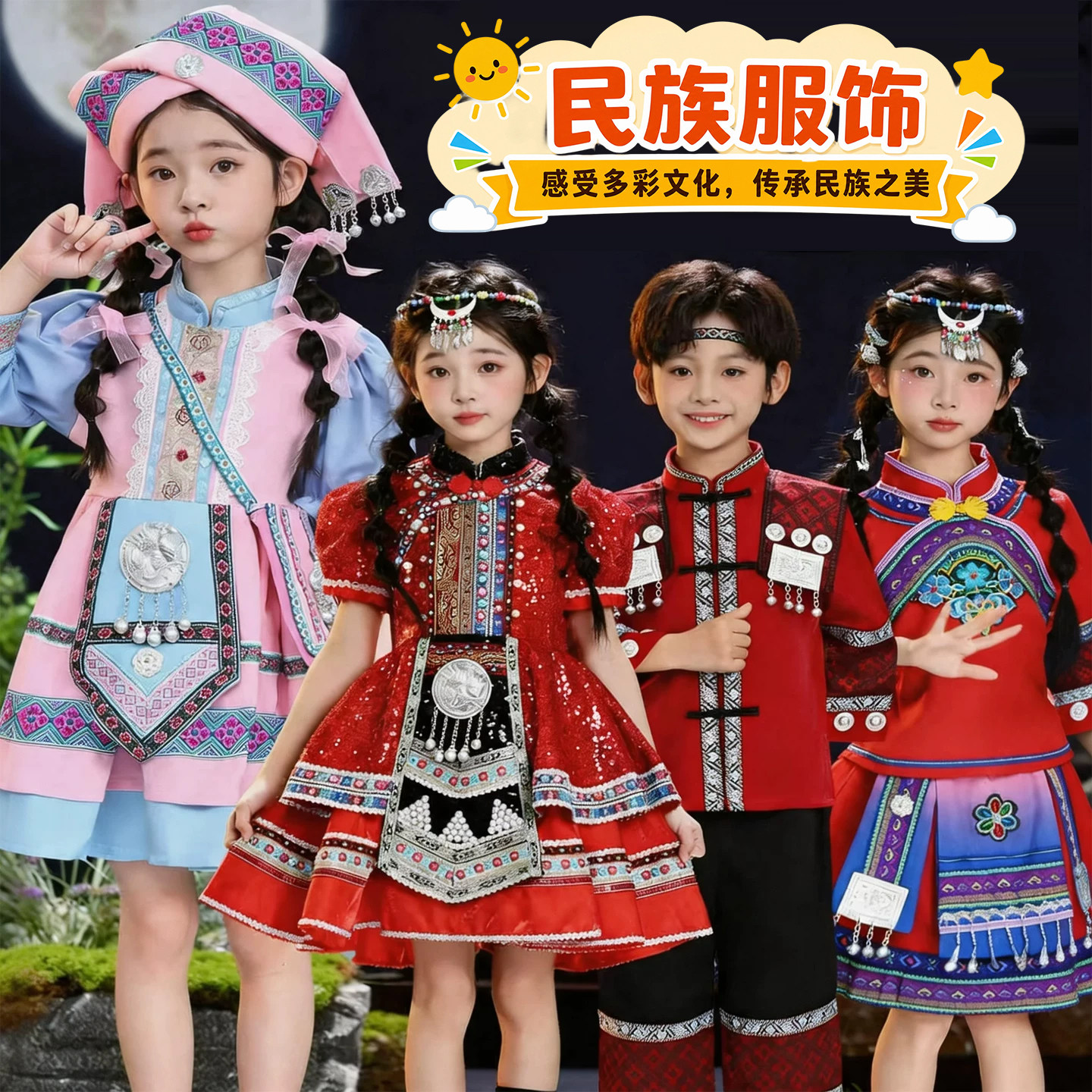 56个少数民族服装儿童演出服苗族壮族蒙古族女童新疆舞景颇舞蹈服