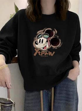 超好看卡通米奇印花卫衣女黑色加绒加厚宽松百搭小个子时尚上衣潮