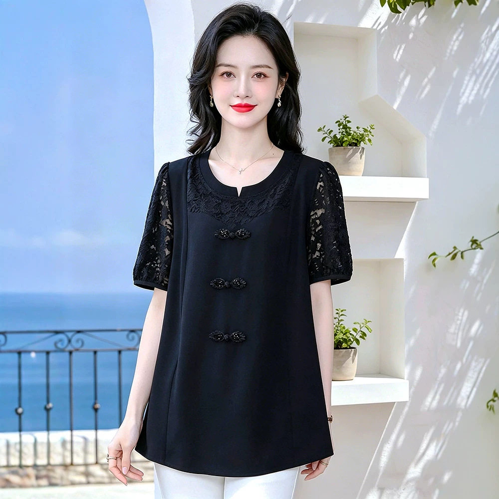 中年妇女夏装短袖T恤蕾丝衫200斤