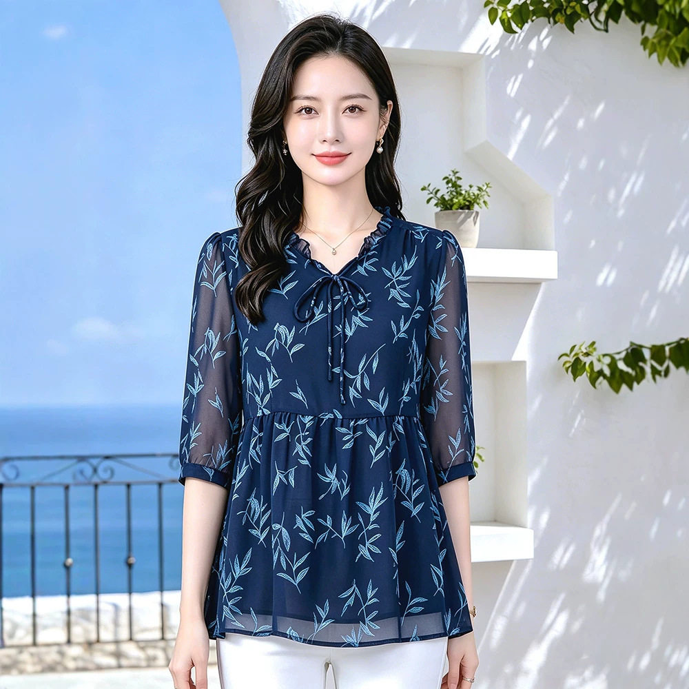 大码女装胖mm夏装半袖雪纺衫上衣