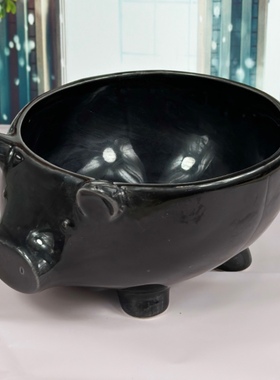 外贸出口陶瓷复古黑色釉下彩小猪造型水养花盆摆件装饰品家居