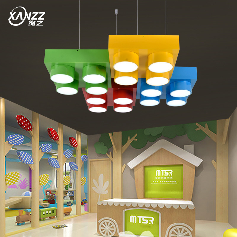 创意彩色卡通乐高积木造型灯吊线灯培训班幼儿园教室走廊led吊灯