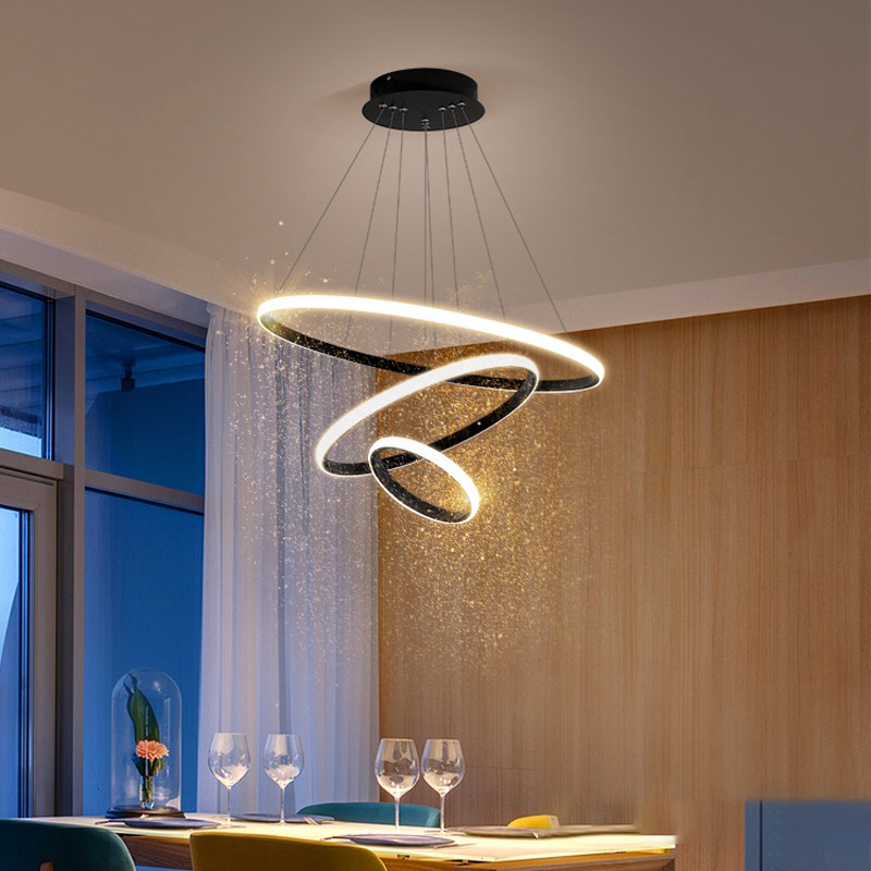 客厅吊灯家用创意三层餐厅吊灯黑色简约LED环形吊灯三圈餐厅灯具