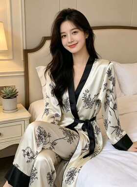 2026-04宣锦特价丝绸 水墨植物花卉睡袍长裤家居服睡衣套装