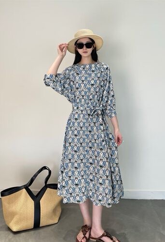 【商场同款】2026夏季新品裙子蓟花图案七分袖连衣裙