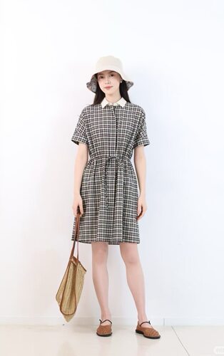 【商场同款】夏季新款棉丝色织布及膝连衣裙