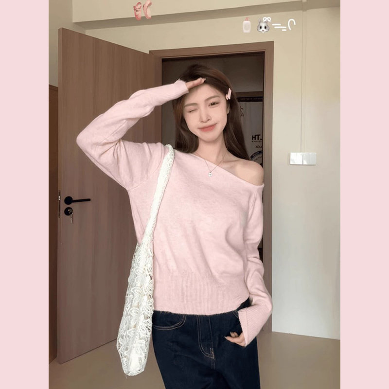 粉色斜领针织打底衫女2025春季韩版露肩ins辣妹上衣气质百搭毛衣