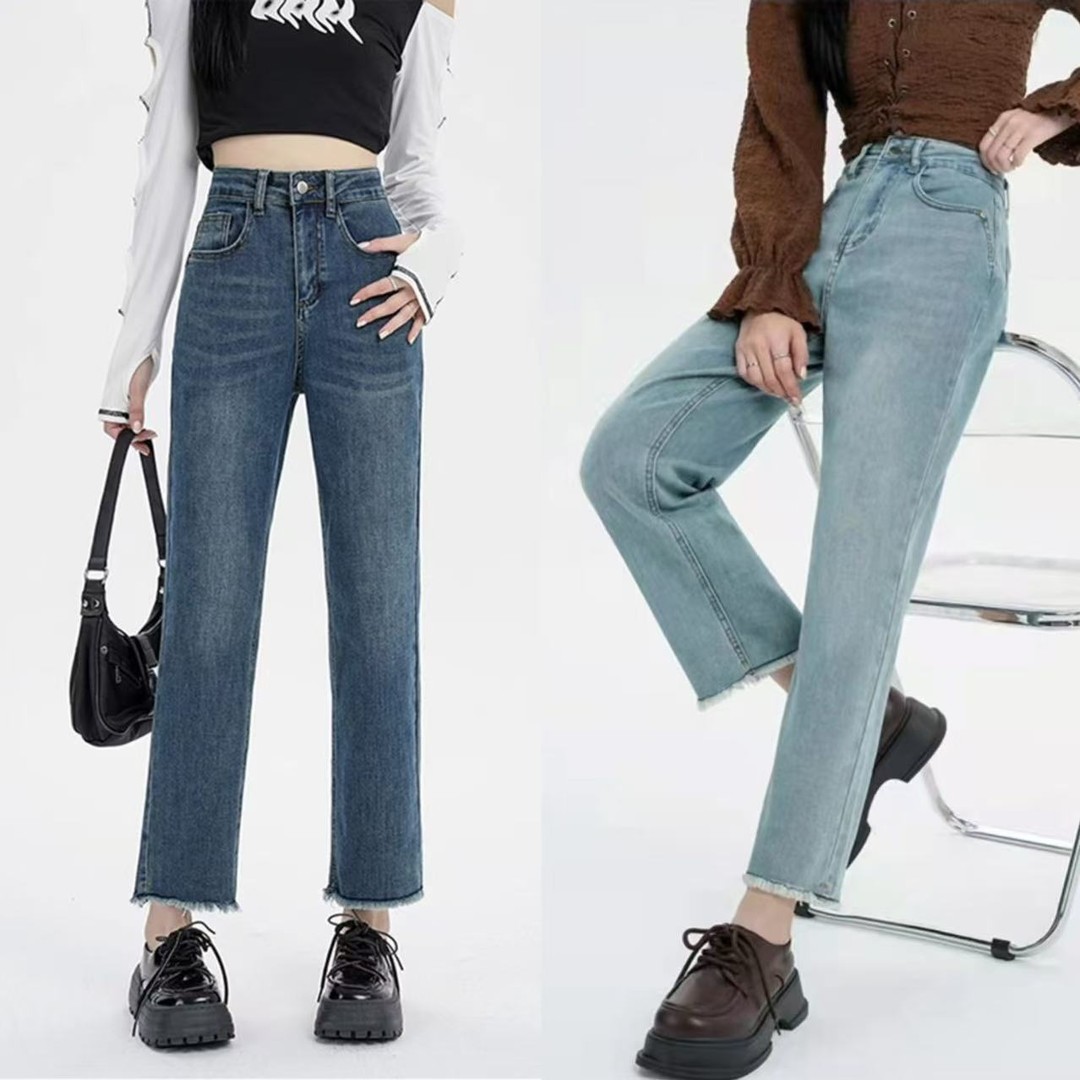 微胖女装秋季新款弹力高腰直筒显瘦牛仔裤宽松新款时尚百搭烟管裤