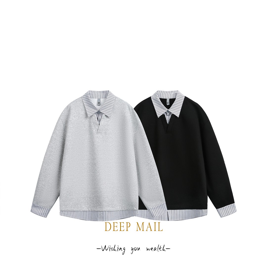 DEEPMAIL 春季男生假两件拼接衬衫领长袖宽松休闲卫衣外套