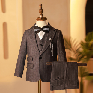 儿童西装套装男童钢琴演出灰色条纹小西服中大童主持人生日礼服春