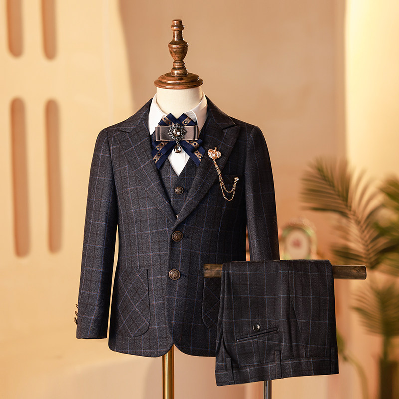 儿童西装套装男童礼服格子中大童走秀主持人钢琴演出服生日小西服