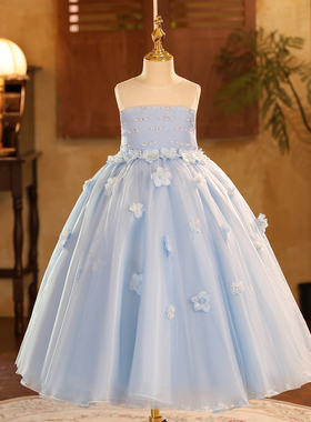 高端女童礼服公主裙蓝色生日宴会钢琴演出服主持人走秀晚礼服长裙