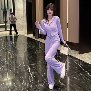 早春季装时尚休闲运动服女秋紫色卫衣套装2026年新款小个子两件套