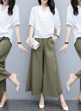 棉麻休闲套装女2025夏季新款韩版洋气宽松显瘦亚麻阔腿裤裙两件套