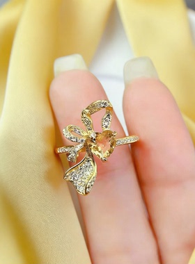 天然黄水晶戒指心形宝石S925纯银