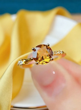 采金金钰925银黄水晶开口戒指