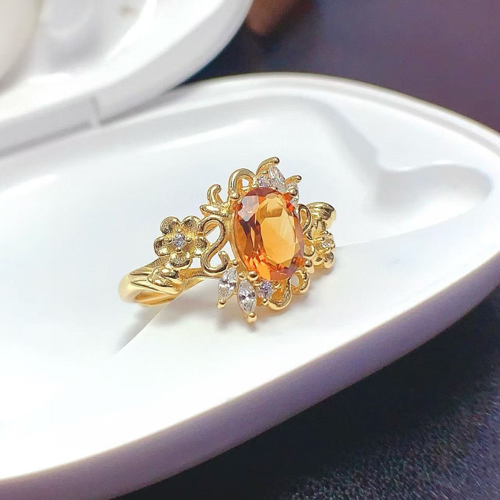 925银镀18k金镶钻天然黄水晶戒指
