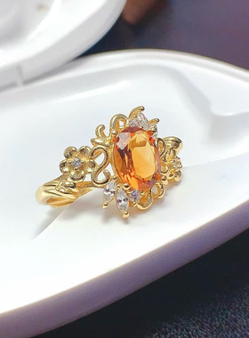 925银镀18k金镶钻天然黄水晶戒指