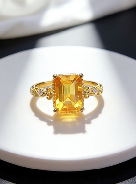 天然黄水晶戒指女夏转运招财花