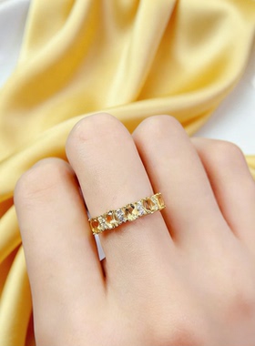 天然黄水晶戒指原矿宝石S925纯银