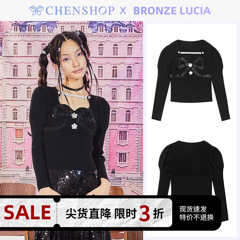 bronze lucia时尚百搭黑白亮片蝴蝶结紧身毛衣chenshop设计师品牌