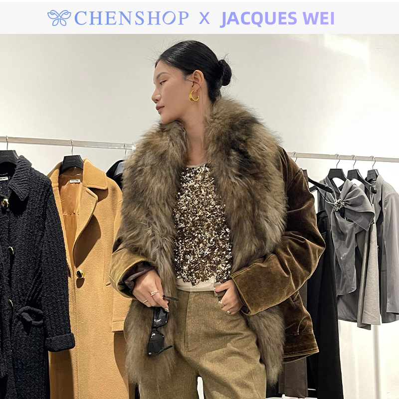 JACQUES WEI秋冬新款深棕复古毛领夹克外套女CHENSHOP设计师品牌