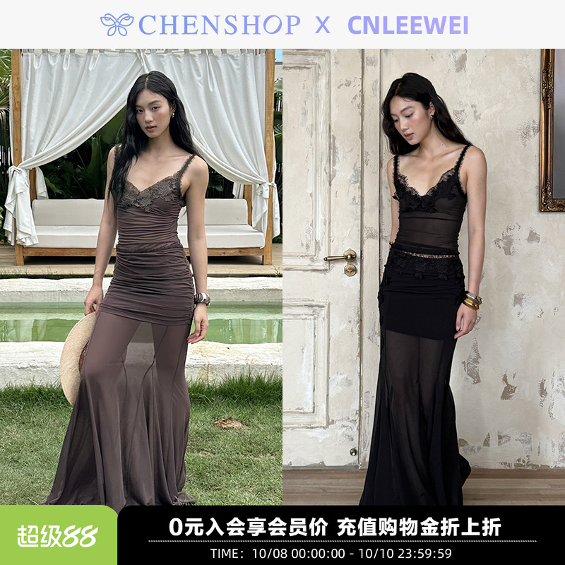 绣花蕾丝弹力吊带上衣鱼尾半身裙