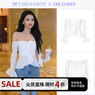 长袖 孙怡同款 CEE CUBED白色花䯳一字肩衬衫 女CHENSHOP设计师品牌