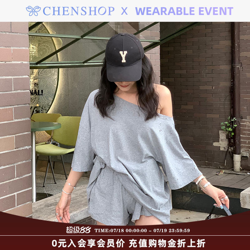 纯棉斜肩针织T恤短袖纯棉短裤女