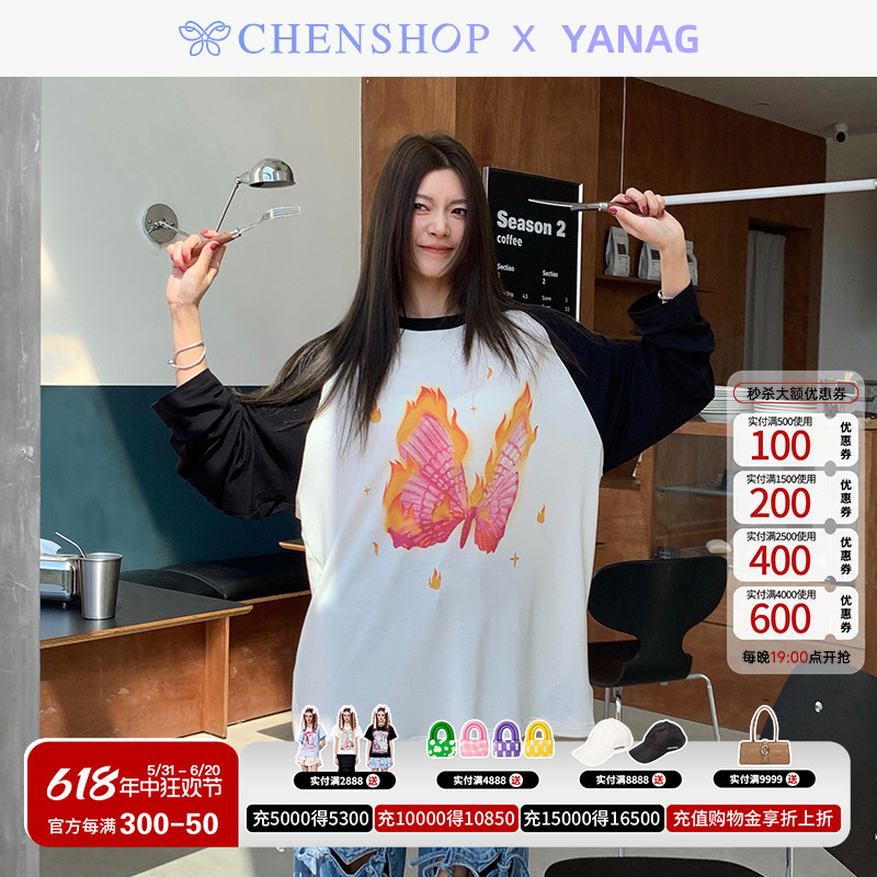 YANAG时尚燃烧蝴蝶插肩长袖T恤上衣小众百搭女CHENSHOP设计师品牌 女装/女士精品 T恤 原图主图