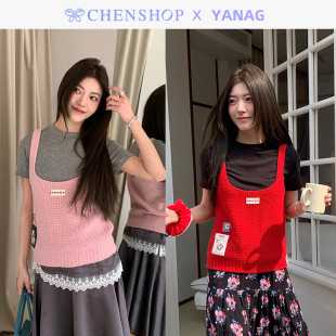 YANAG时尚 女CHENSHOP设计师 新款 编织贴布针织背心吊带基础T恤短袖