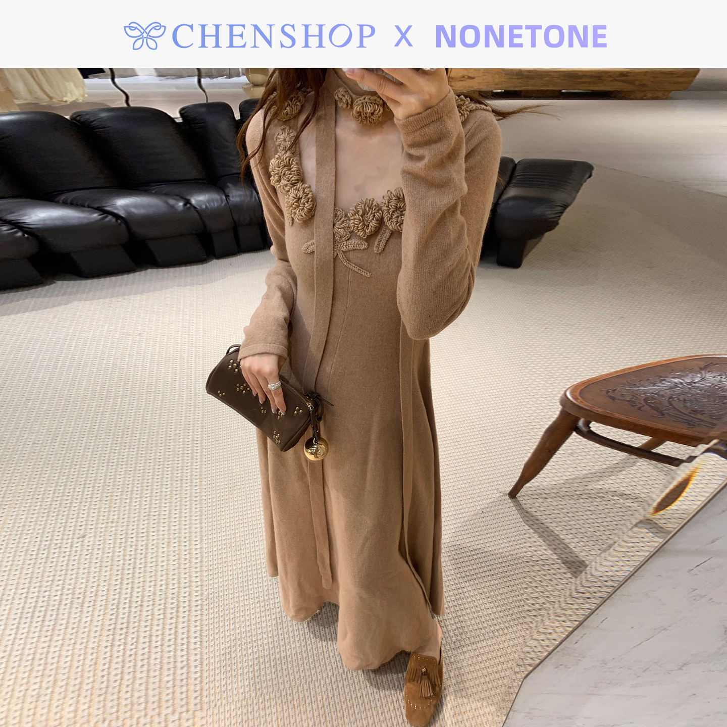 意大利纱线手钩花圆领针织连衣裙