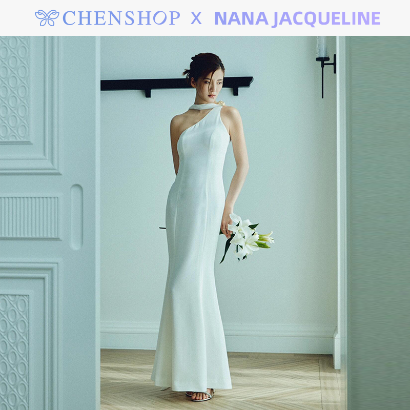 吴千语同款Nana Jacqueline白色飘带斜领鱼尾长款连衣裙CHENSHOP