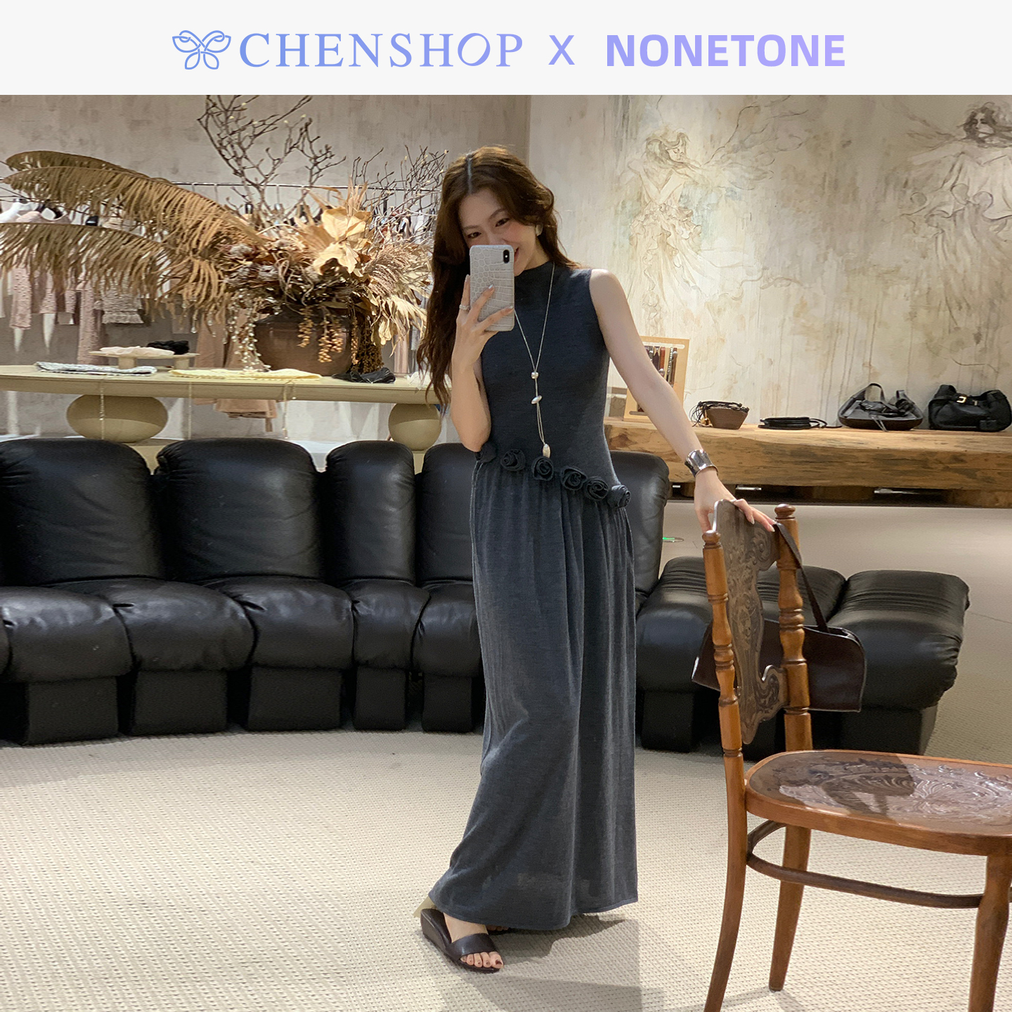 手工玫瑰花无袖高领针织百褶长裙