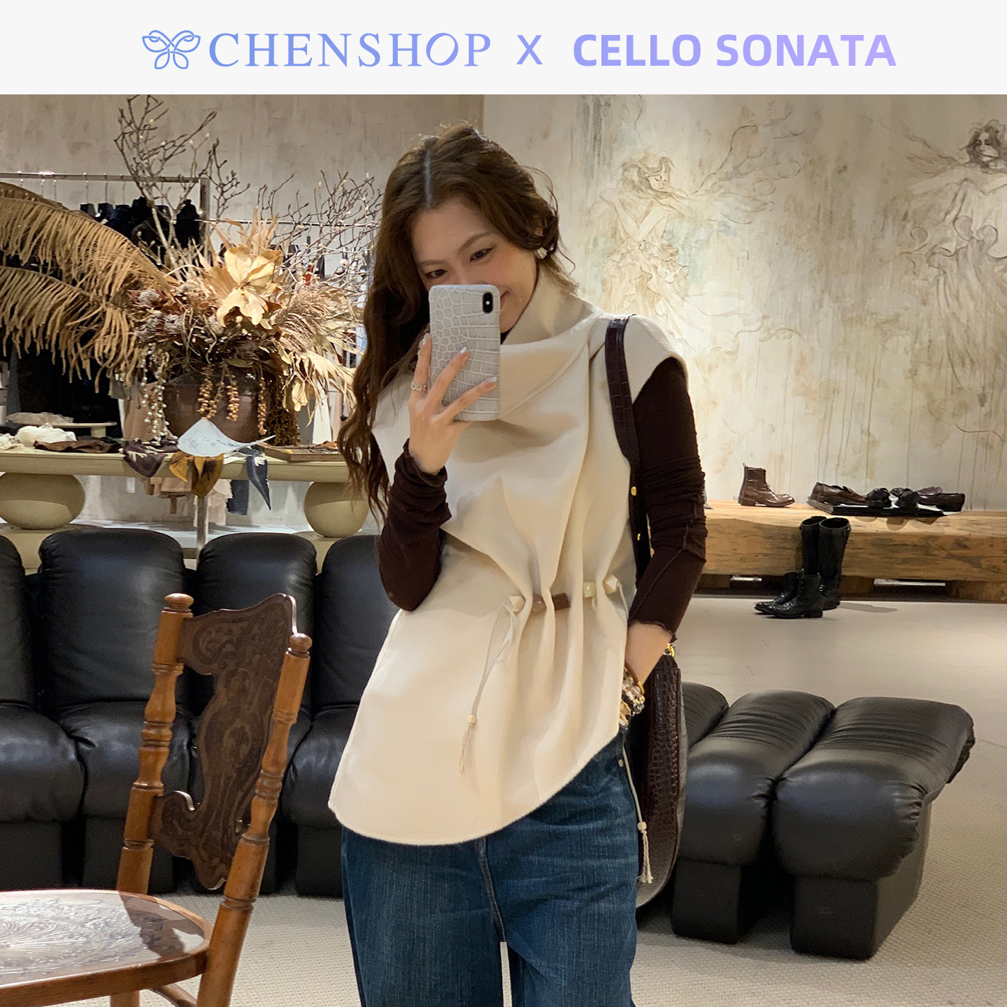 Cello Sonata秋冬新款不规则高领串珠无袖羊绒上衣CHENSHOP设计师