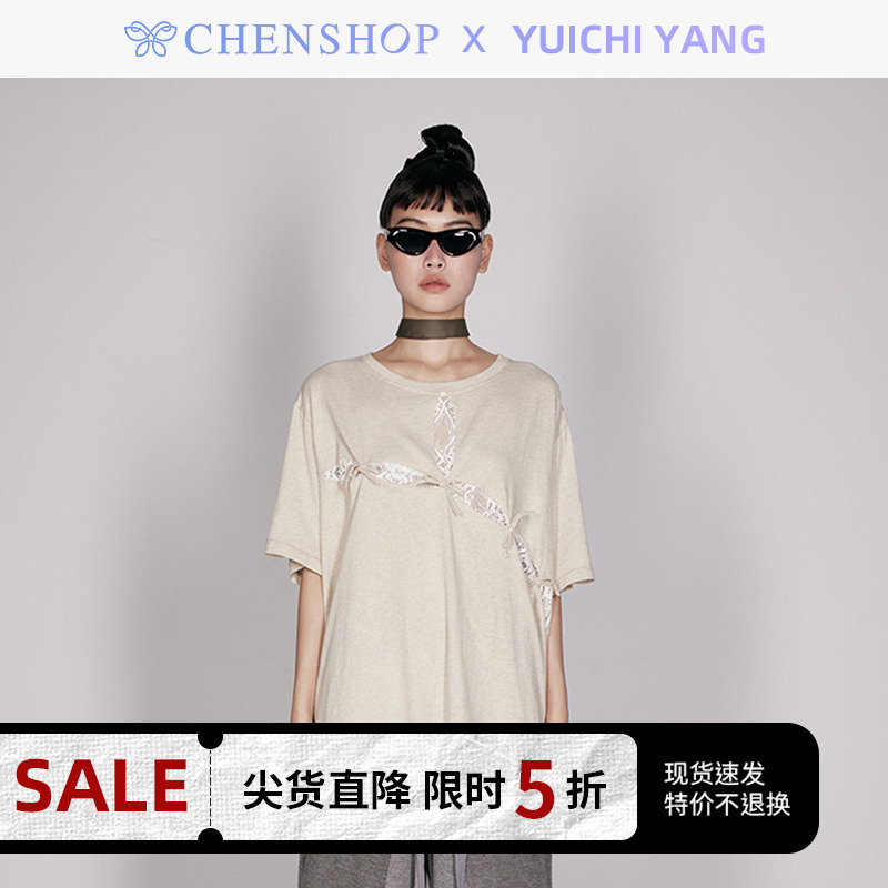 时尚圆领蕾丝绑带宽松T恤短袖