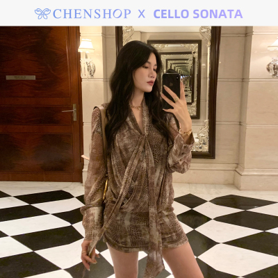 早秋新款蛇纹长袖连衣裙短裙女