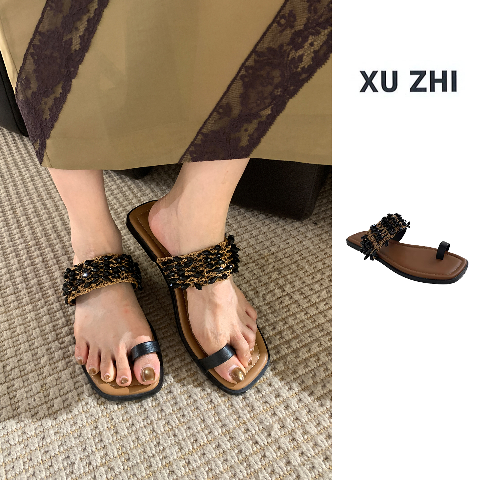 XU ZHI时尚钩针珠绣装饰夹脚凉鞋凉拖女CHENSHOP设计师品牌买手店