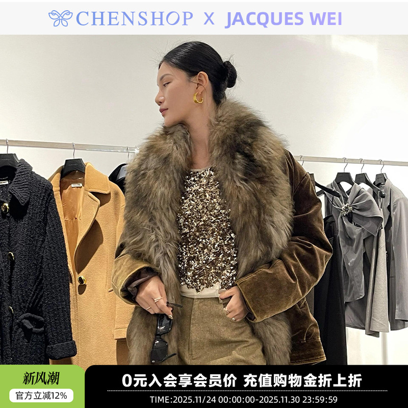 秋冬新款深棕复古毛领夹克外套