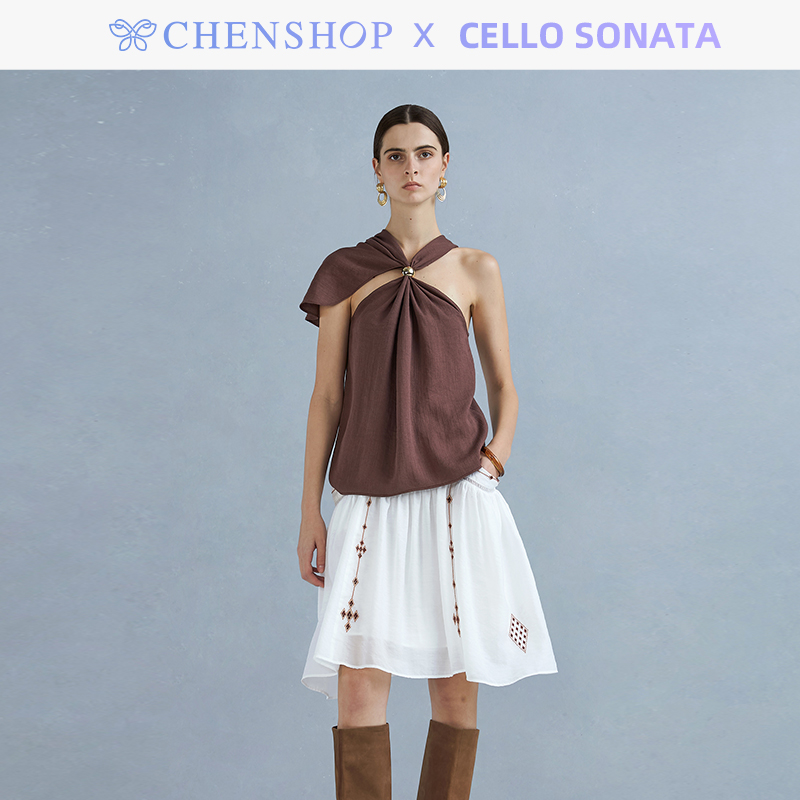 穿珠挂脖亚麻披肩无袖背心半身裙