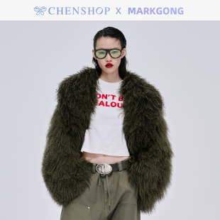 早秋新款 MARKGONG时尚 墨绿滩羊毛皮草外套百搭CHENSHOP设计师品牌