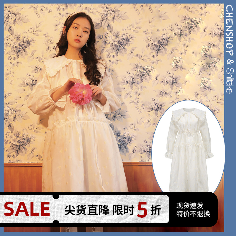 CHENSHOP设计师Shiitake大领花边装饰衬衫立体暗纹连衣裙 女装/女士精品 连衣裙 原图主图