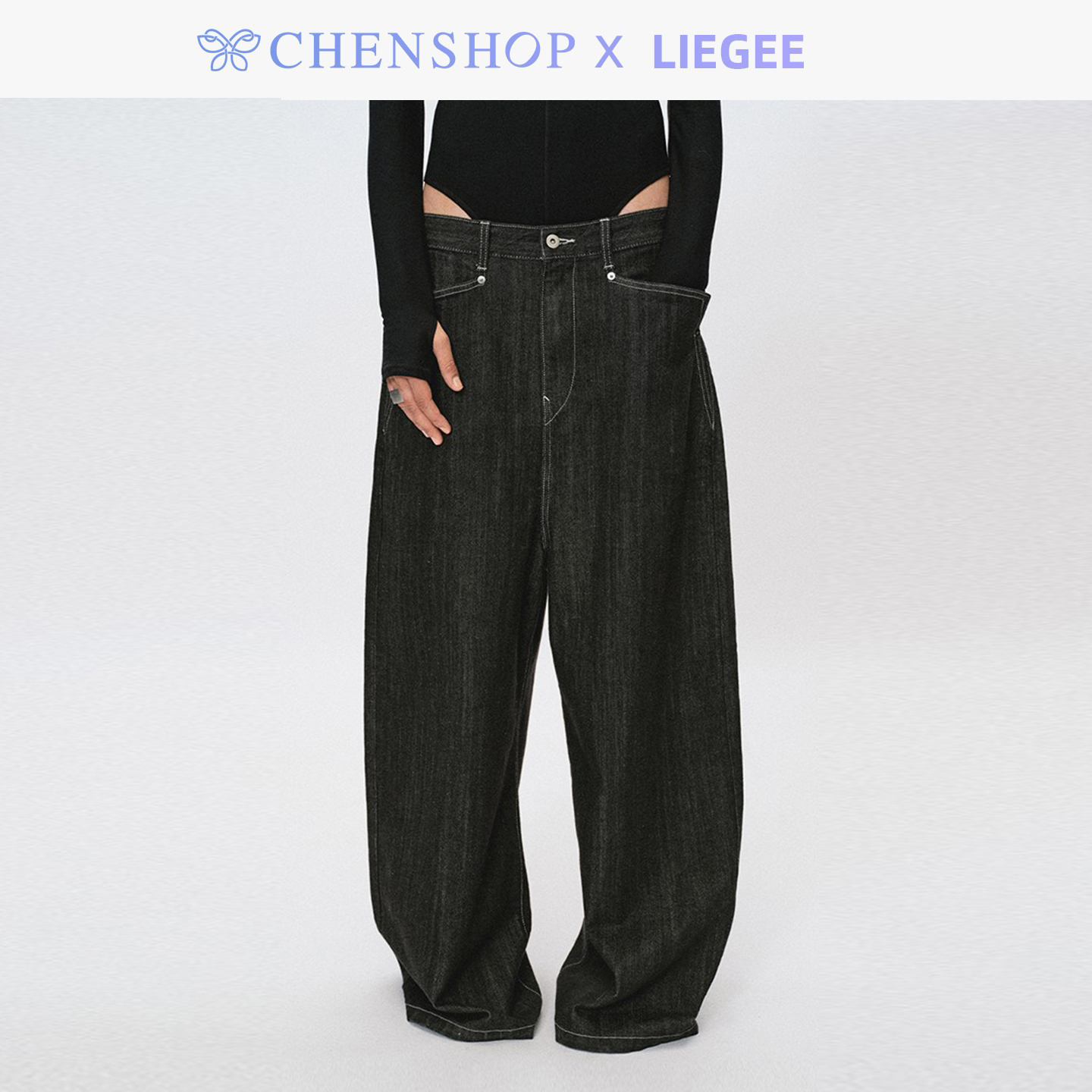 Liegee乌木黑色宽松低裆牛仔裤